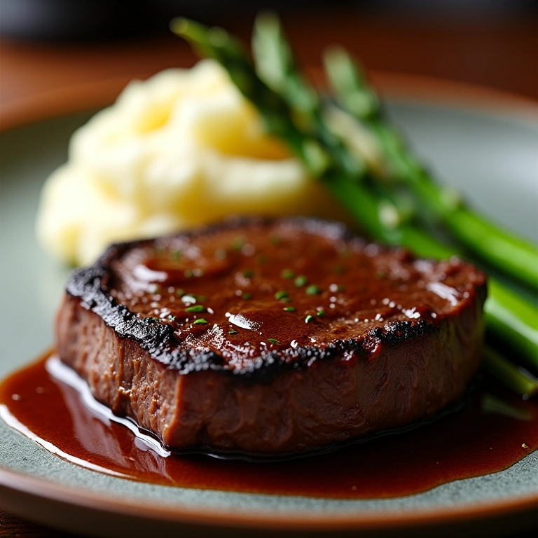 Bife ao molho madeira com purê de batata e aspargos.