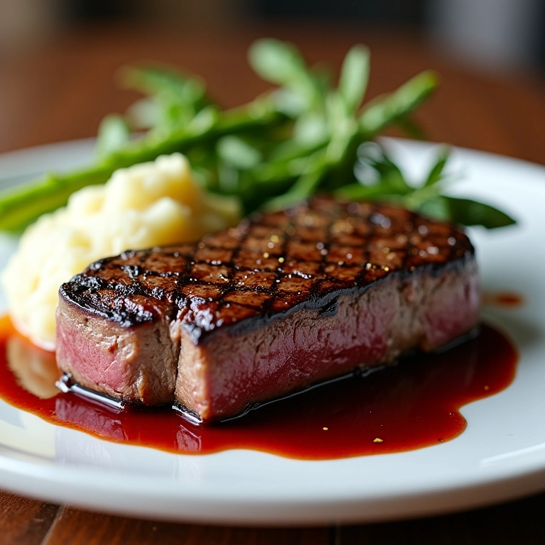 Bife ao molho madeira elegantemente montado com purê de batata e aspargos.