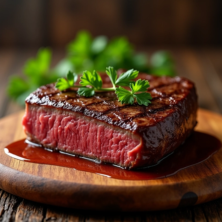 Bife ao molho madeira servido em tábua de madeira.