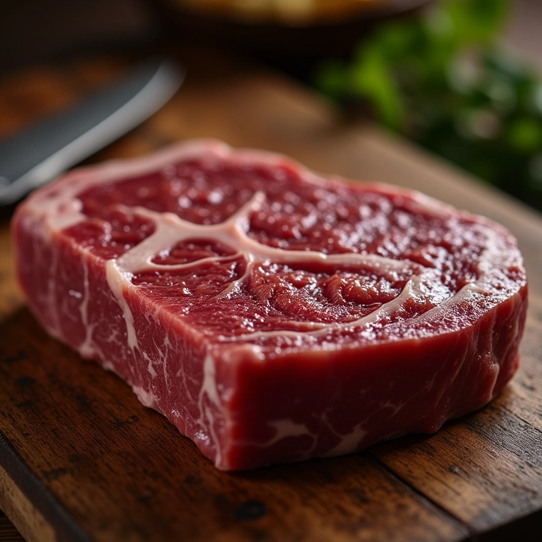 Bife ao ponto com centro levemente rosado, faca ao lado.