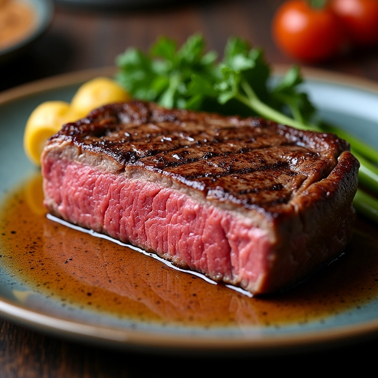 Bife ao ponto para bem passado com pouco rosado, acompanhado de vegetais.