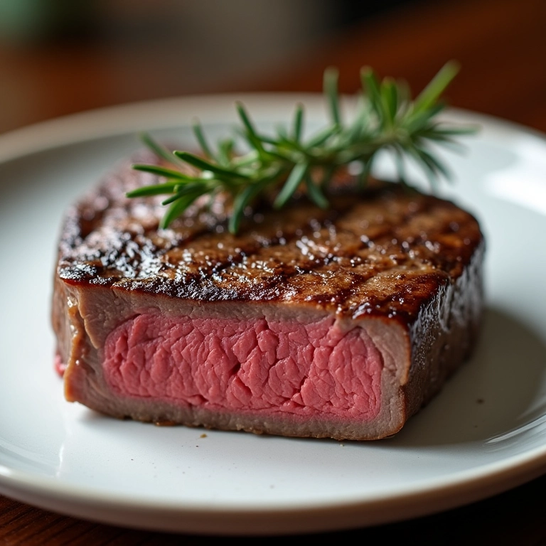 Bife ao ponto para mal com interior rosado em um prato branco.