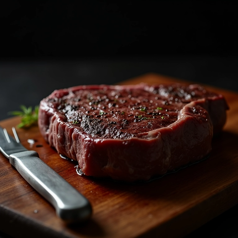 Bife bem passado sem rosado em uma tábua de corte.