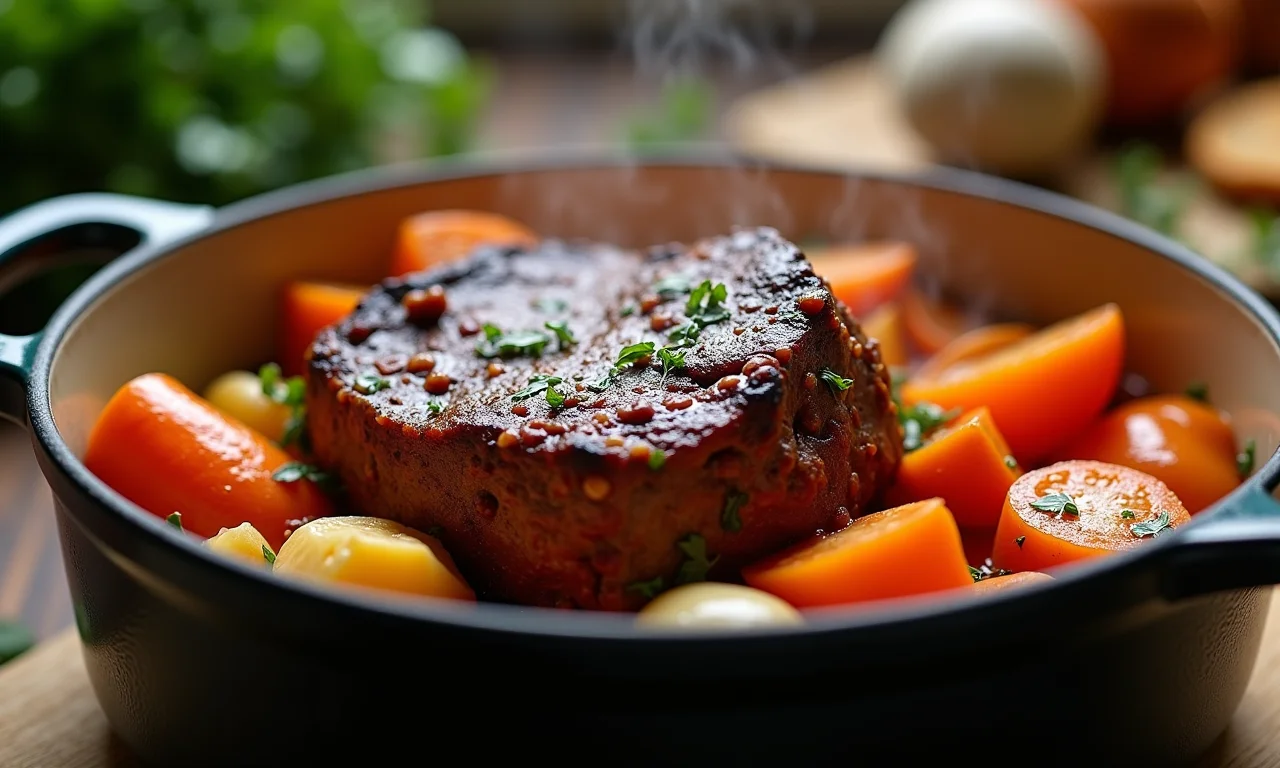 Bife de panela cozinhando lentamente em panela de ferro.