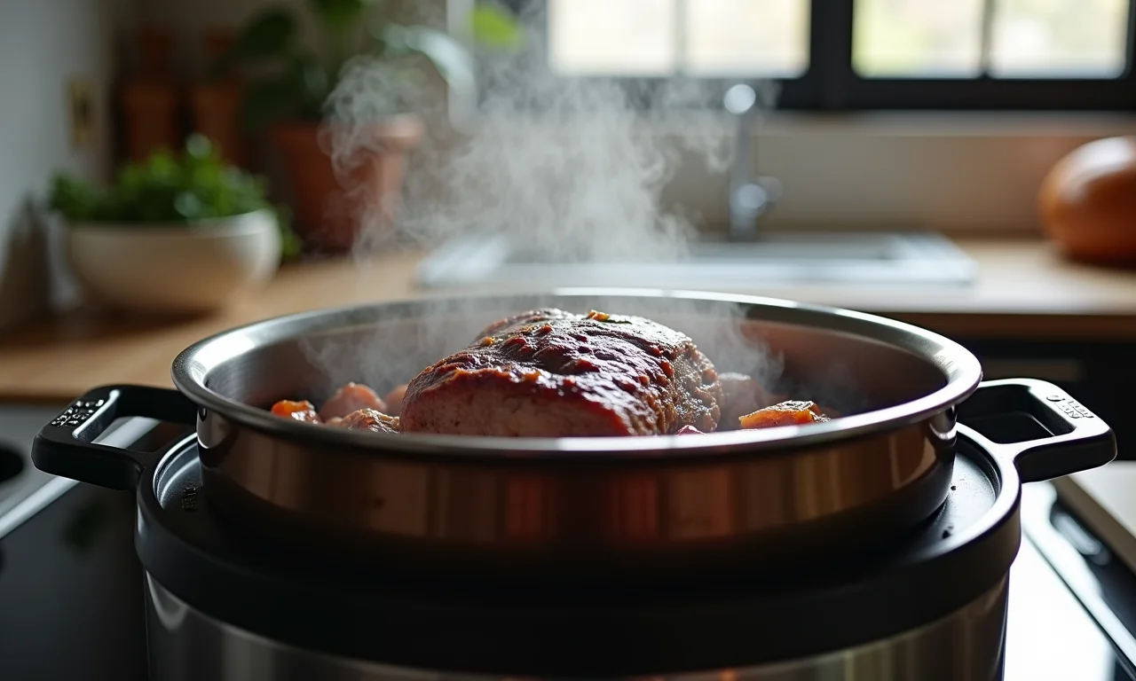 Bife de panela na panela de pressão com vapor saindo.