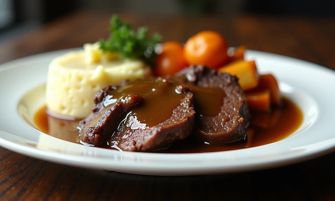 Bife de panela servido com purê de batata e legumes assados.