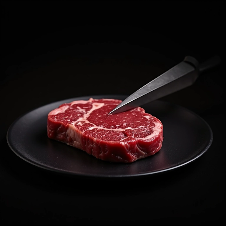 Bife mal passado sendo cortado, mostrando o interior vermelho.