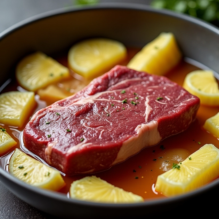 Bife marinado em suco de abacaxi, gengibre e molho de soja.