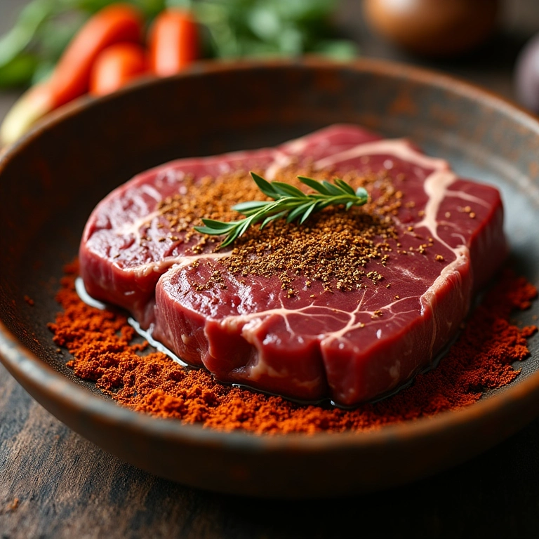 Bife marinando em uma tigela com especiarias coloridas.