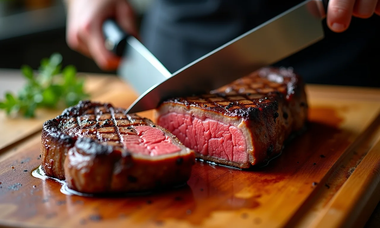 Bife no ponto perfeito, com marcas de grelha e interior suculento.