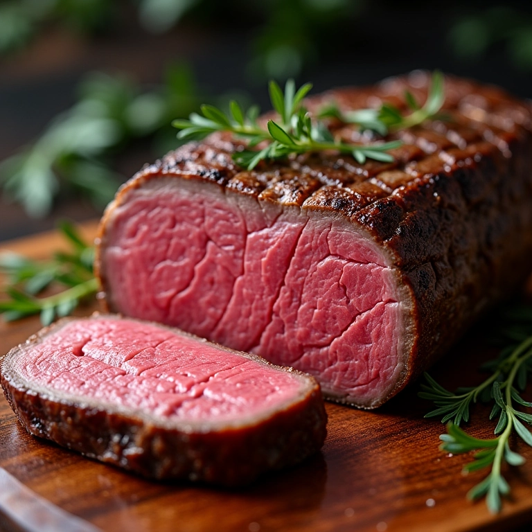 Bife sendo cortado, mostrando o ponto de cozimento perfeito.