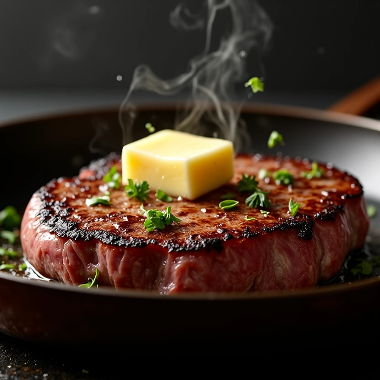 Bife sendo frito em uma frigideira quente.