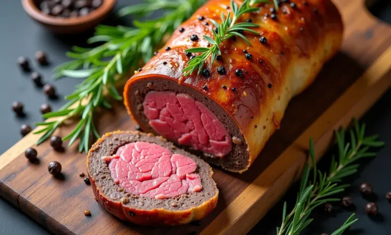 Bife Wellington apetitoso pronto para ser servido.