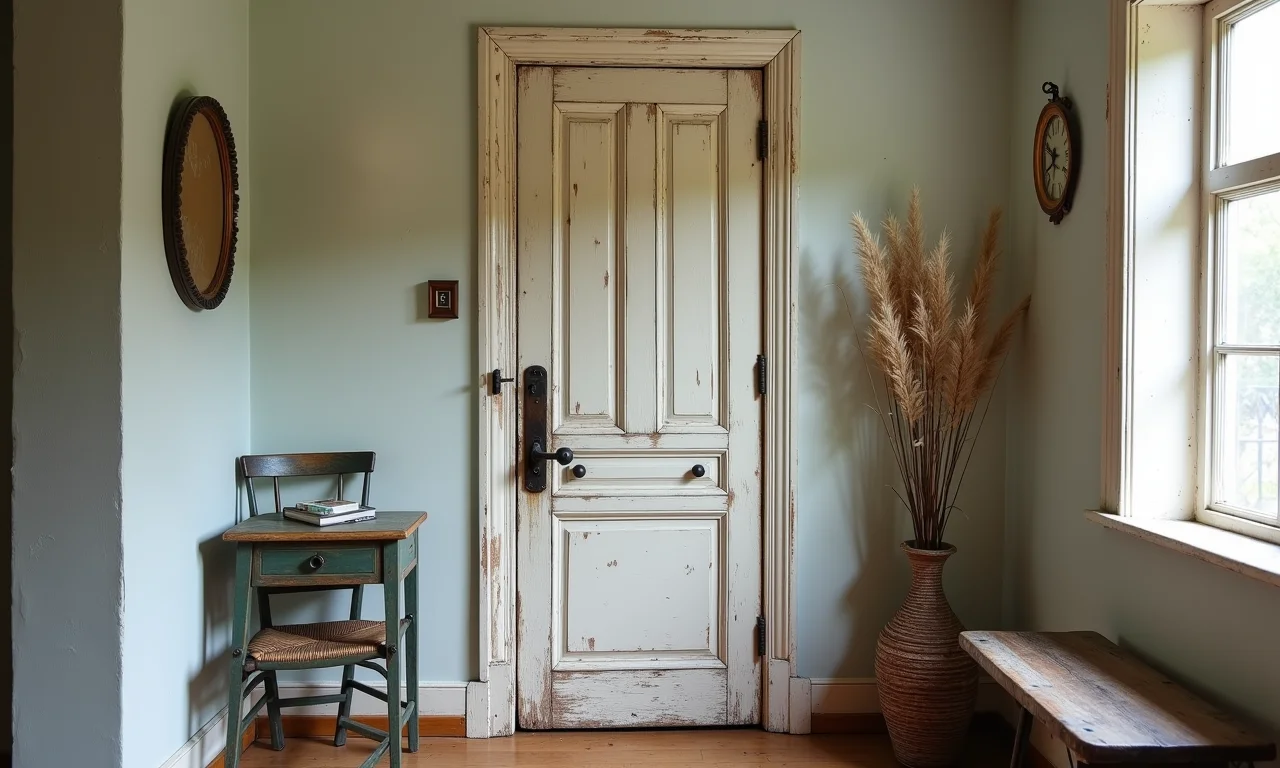 Biombo charmoso feito de porta antiga em casa vintage.
