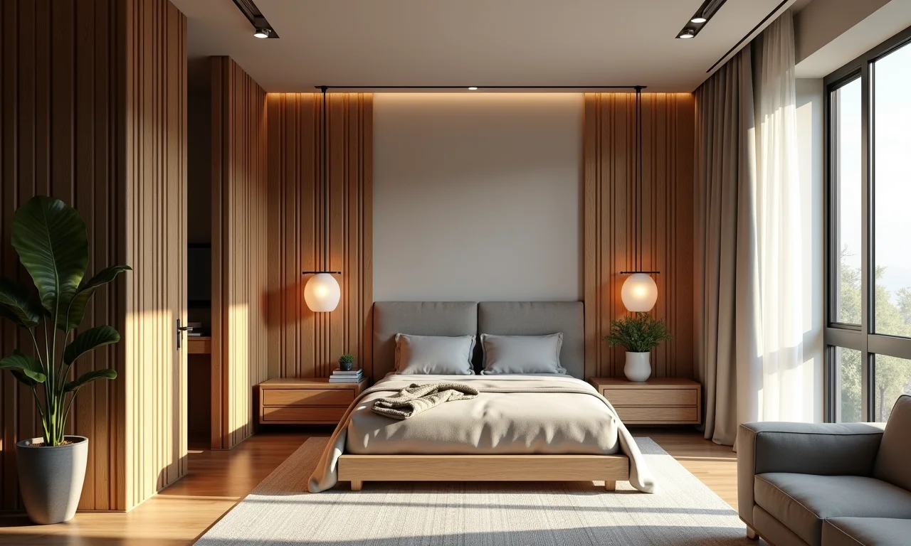 Biombo de bambu dividindo quarto e sala em apartamento brasileiro.