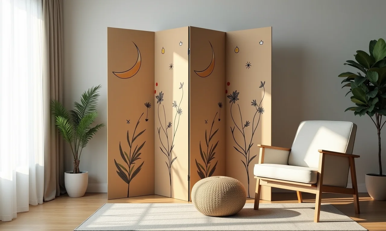 Biombo de papelão com desenhos em sala de estar moderna e ecológica.