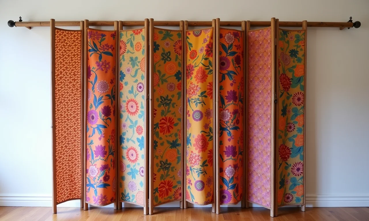 Biombo de tecido colorido pendurado em varão em casa brasileira.