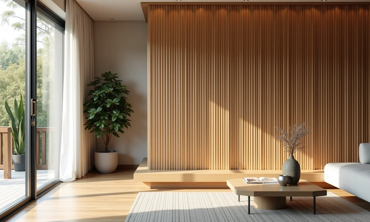 Biombo elegante de bambu em sala de estar minimalista.