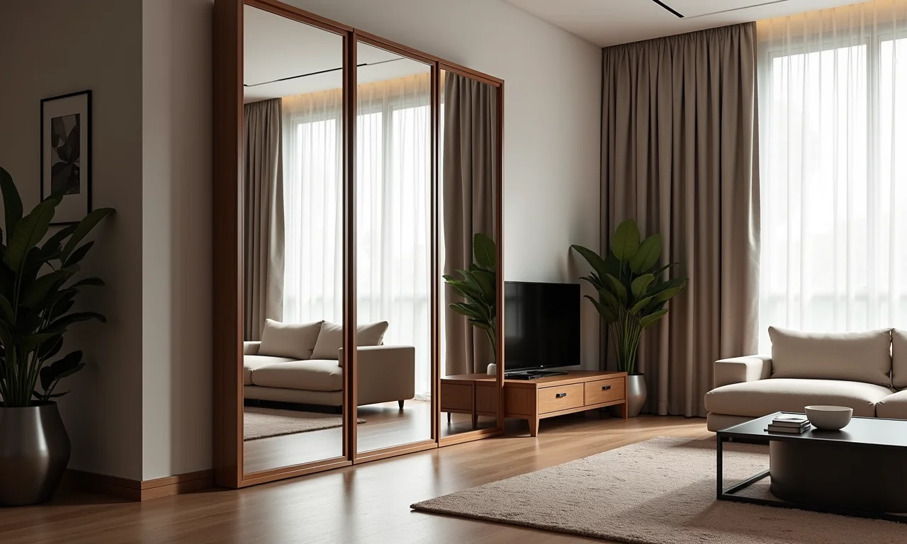 Biombo espelhado moderno refletindo luz em sala chique.