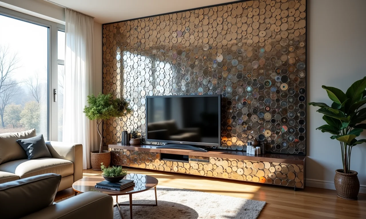Biombo moderno feito de CDs e DVDs reciclados em espaço contemporâneo.