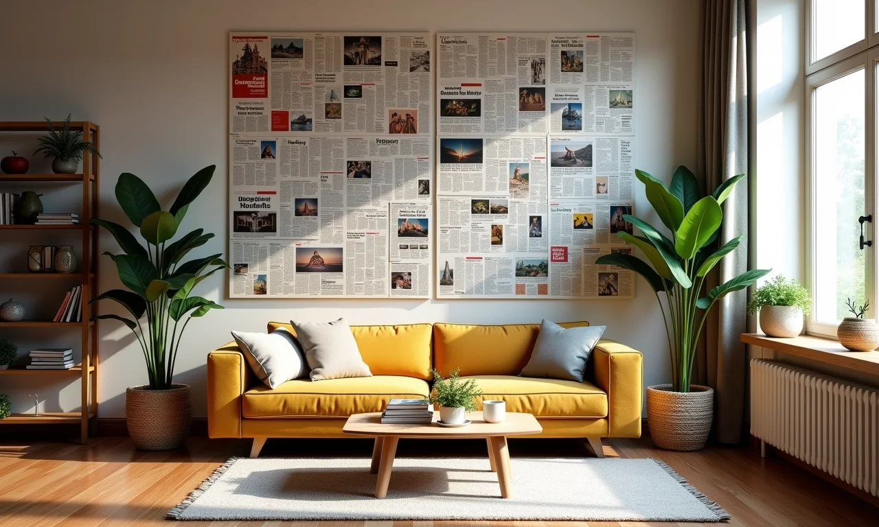 Biombo original feito de revistas e jornais reciclados em apartamento eclético.