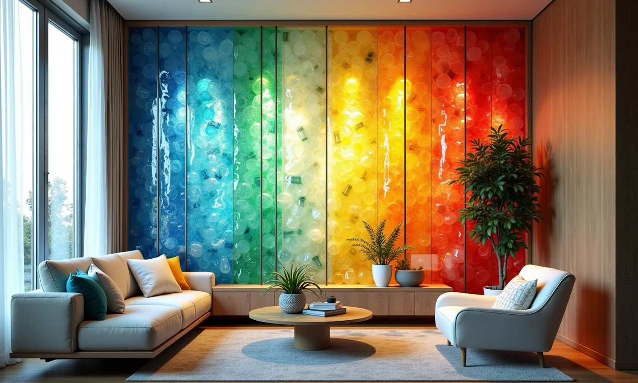 Biombo translúcido feito de garrafas PET coloridas em apartamento moderno.