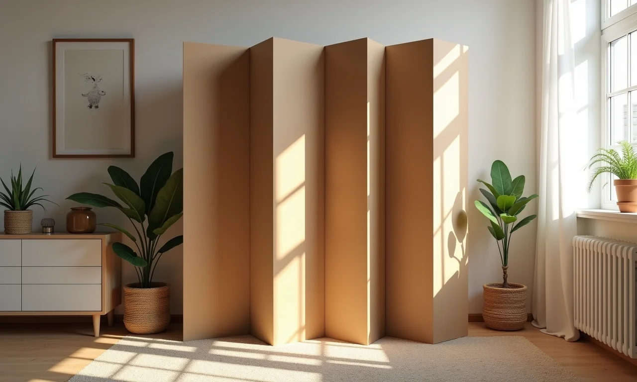 Biombo versátil feito de caixas de papelão em sala de artesanato.