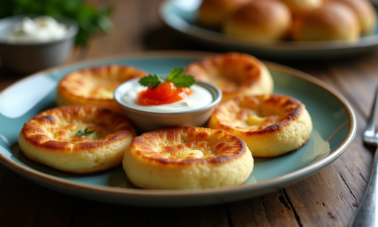 Blinis dourados com caviar e creme azedo, prontos para servir.