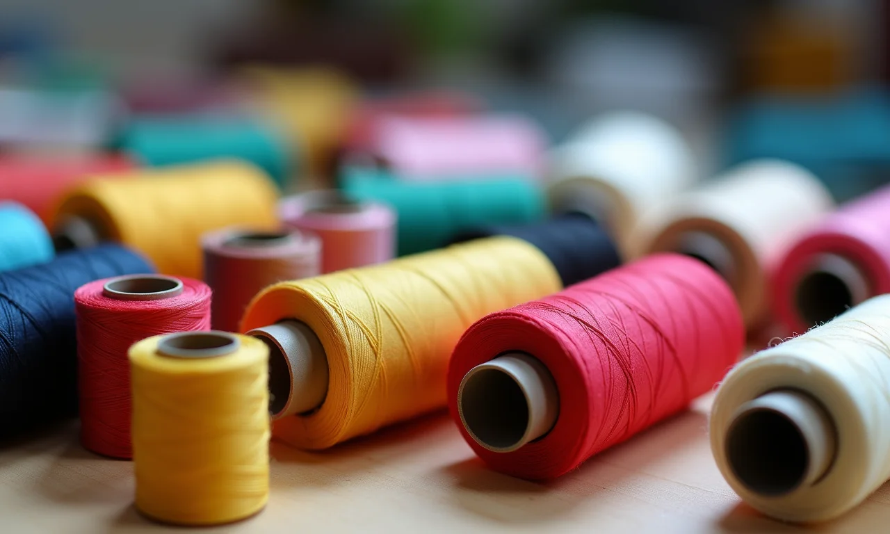 Bobinas de fio de nylon de diferentes cores e espessuras.