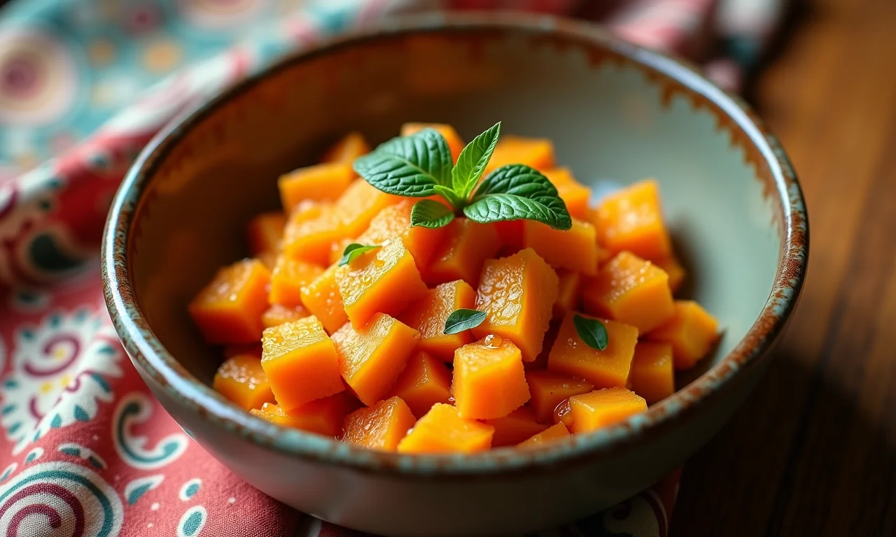 Bobó de camarão com abóbora e gengibre em tigela de cerâmica.