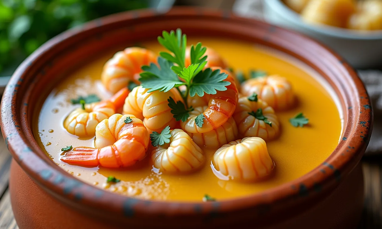 Bobó de camarão cremoso com mandioquinha e salsa fresca.