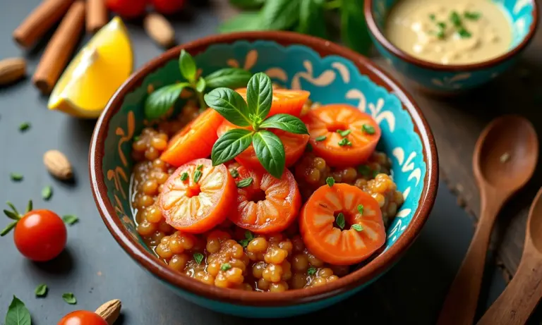 Bobó de camarão cremoso em tigela colorida com especiarias brasileiras.