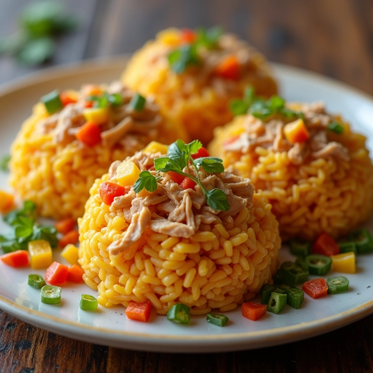 Bolinho de arroz com legumes e frango desfiado.