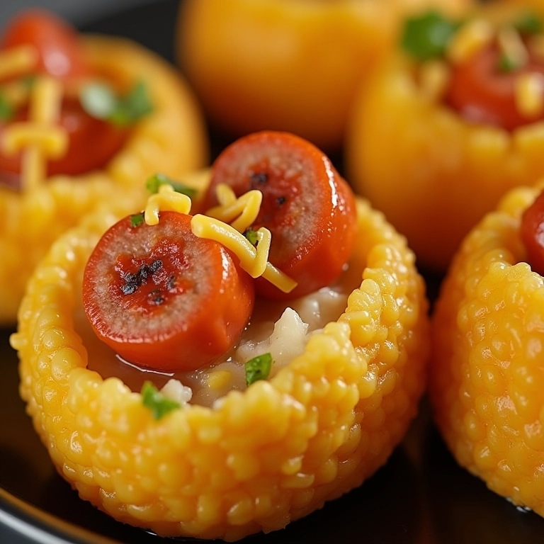 Bolinho de arroz com linguiça e pimenta biquinho.