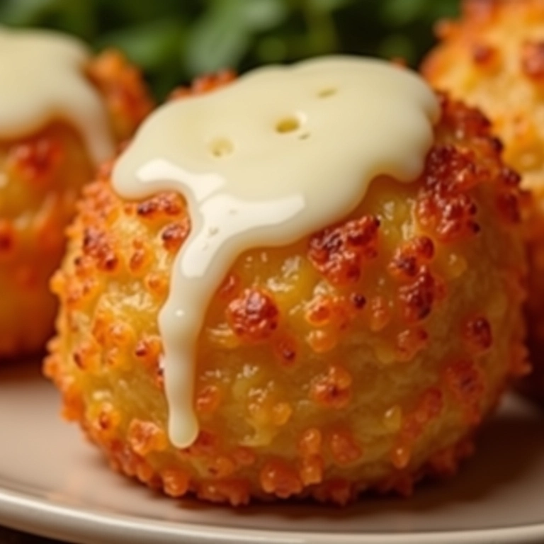 Bolinhos de arroz assados com queijo mussarela derretido.