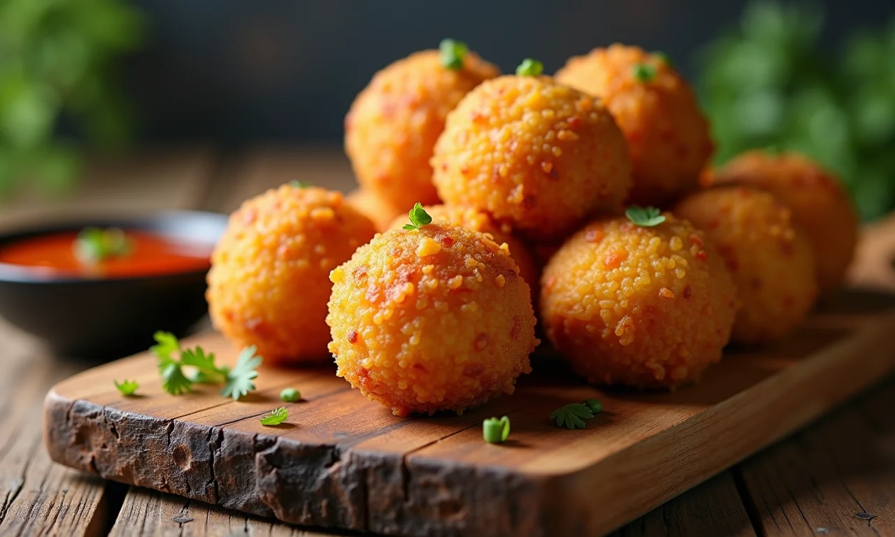 Bolinhos de arroz crocantes servidos com molho picante.