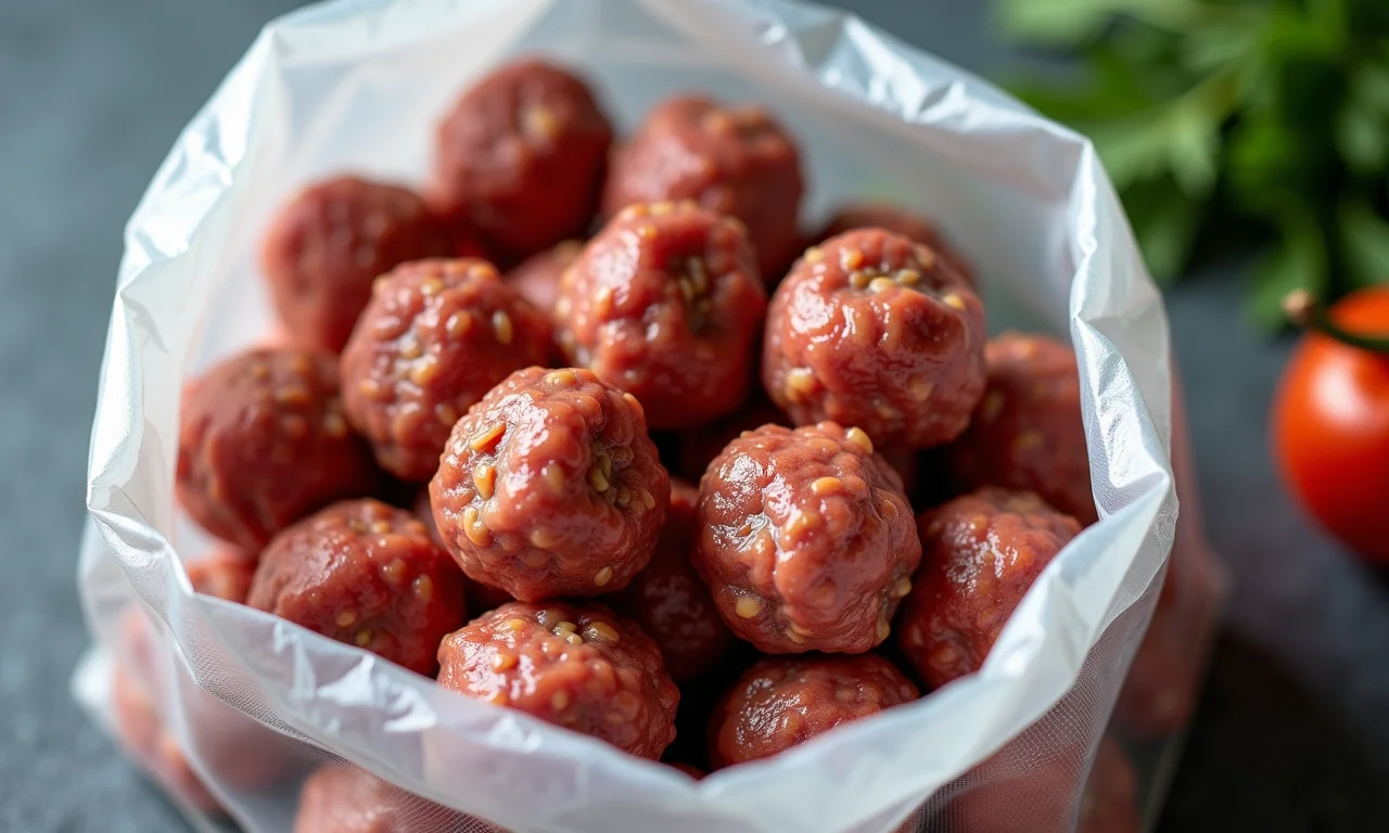 Bolinhos de carne congelados, prontos para serem cozidos.
