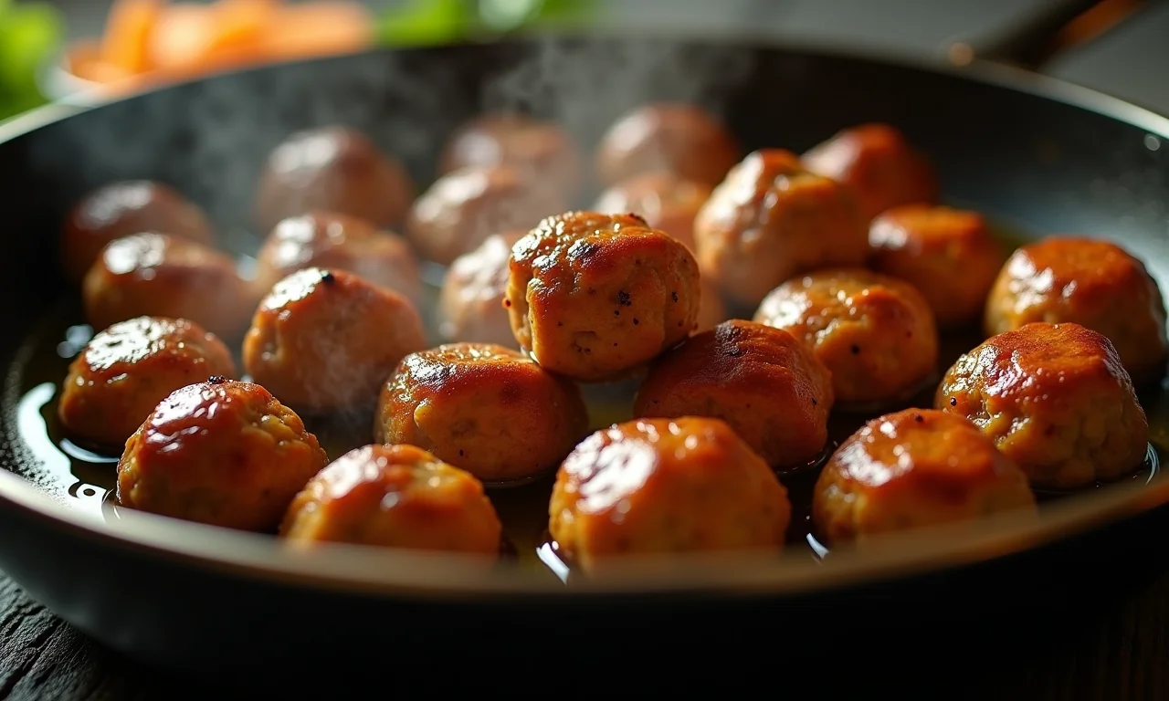 Bolinhos de carne fritando em óleo quente, dourados e crocantes.