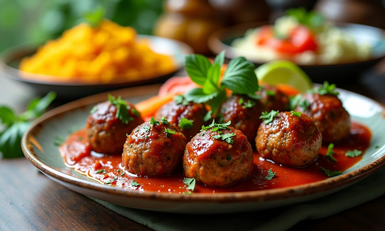 Bolinhos de carne servidos com acompanhamentos criativos e saborosos.