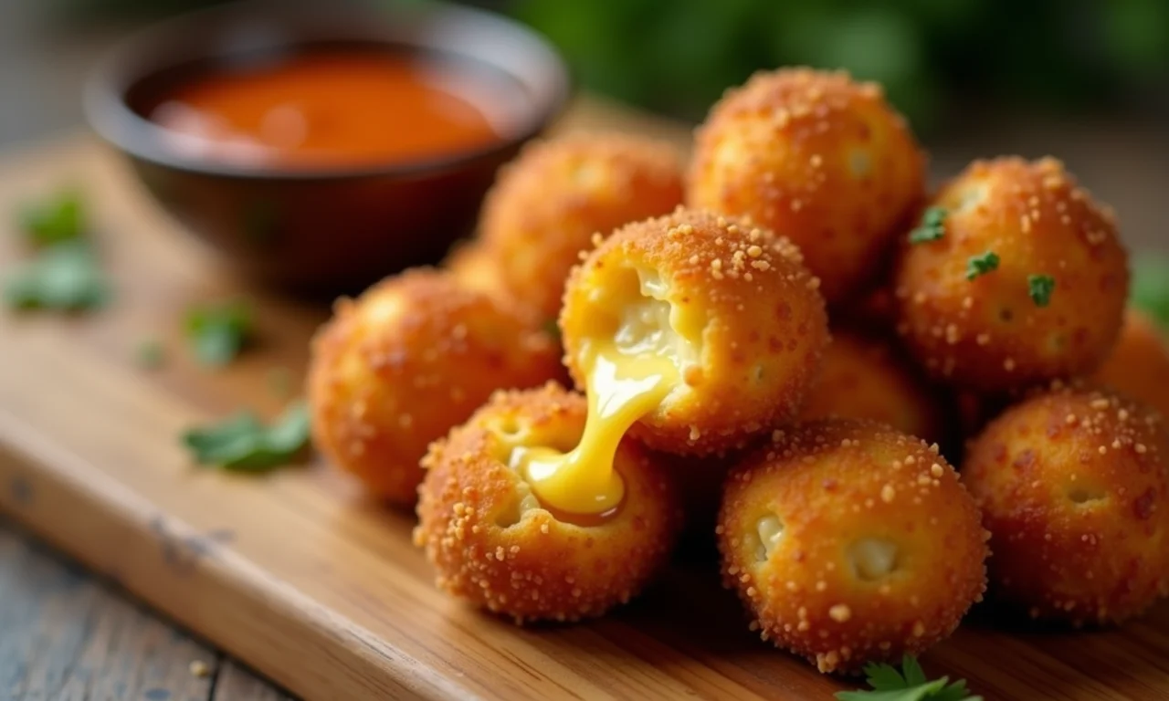 Bolinhos de queijo dourados com queijo derretido, servidos em tábua de madeira.