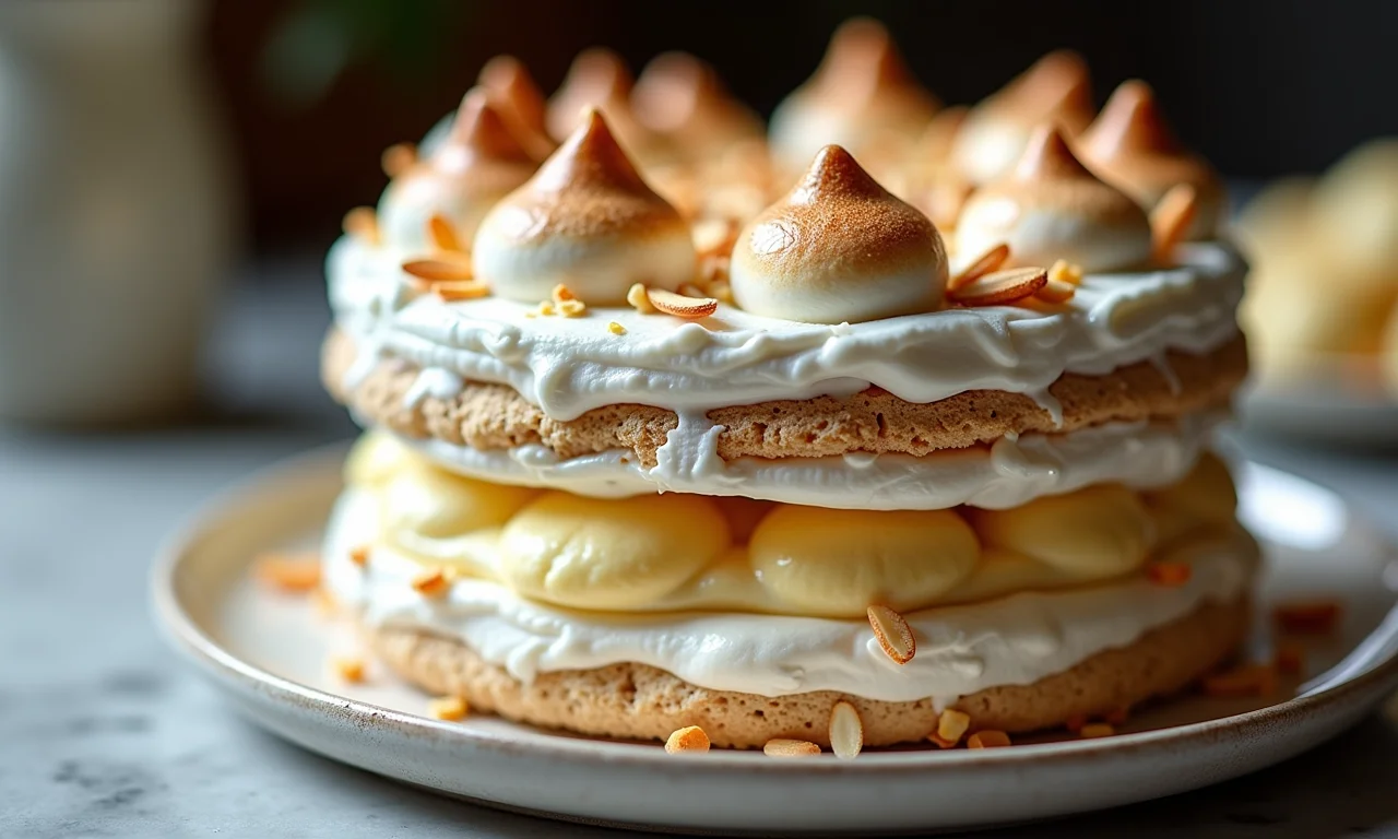 Bolo dacquoise de merengue de amêndoas, lindamente montado.