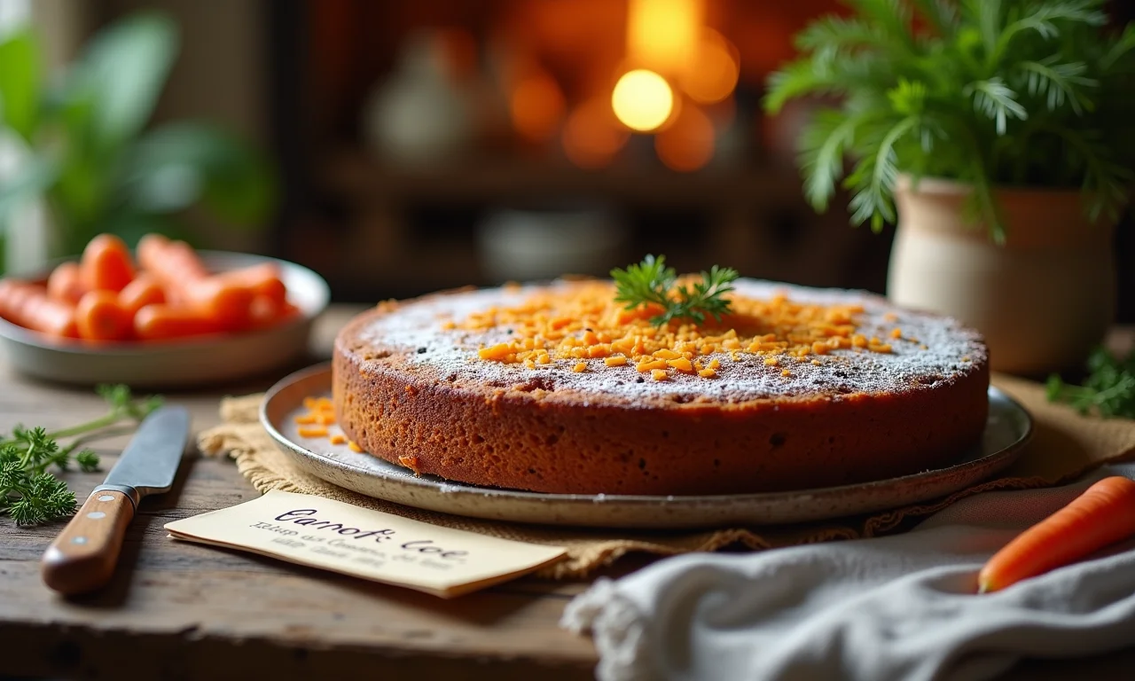 Bolo de cenoura da vovó em mesa rústica, receita manuscrita e família reunida ao fundo.