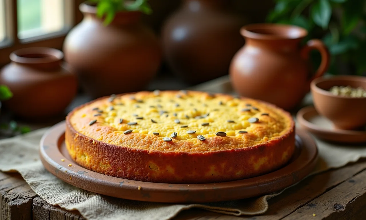 Bolo de fubá com erva doce em ambiente rústico.