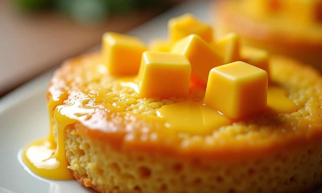 Bolo de fubá com queijo derretido.