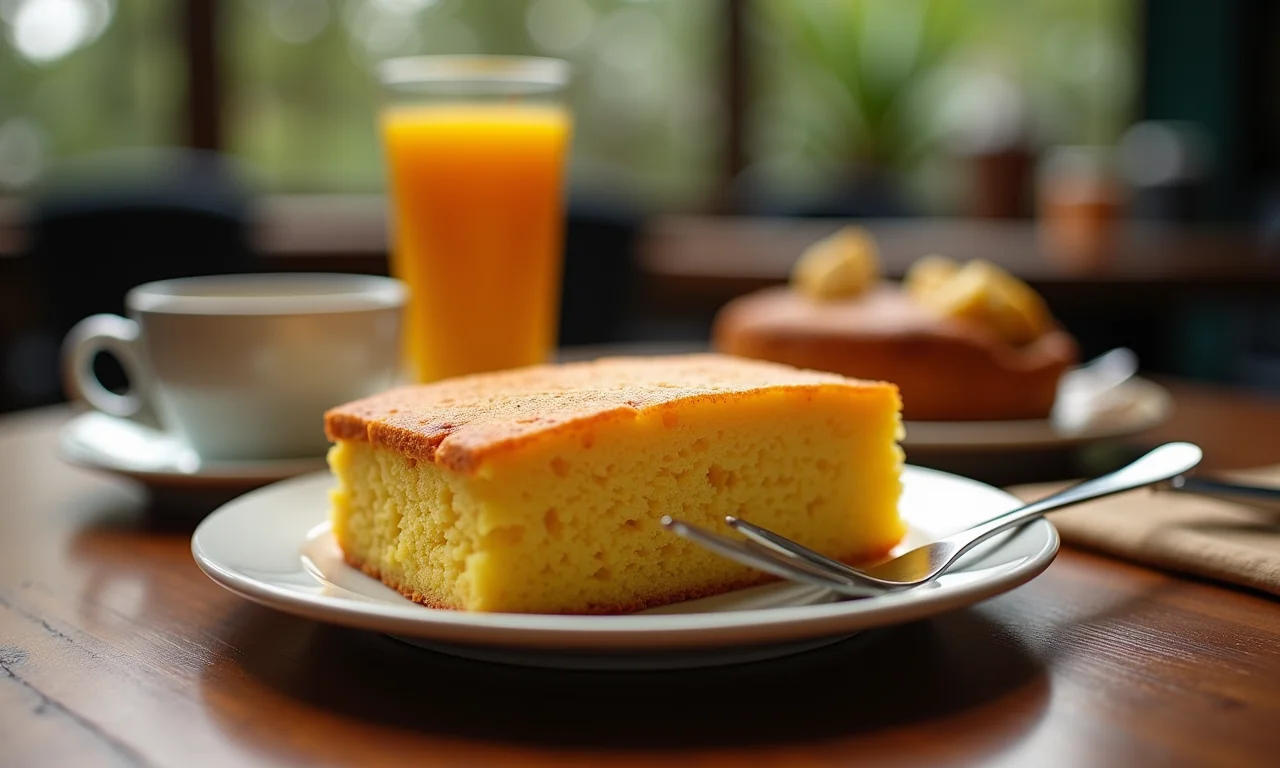 Bolo de fubá servido no café da manhã.