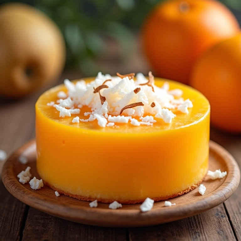 Bolo de laranja vegano decorado com coco ralado.