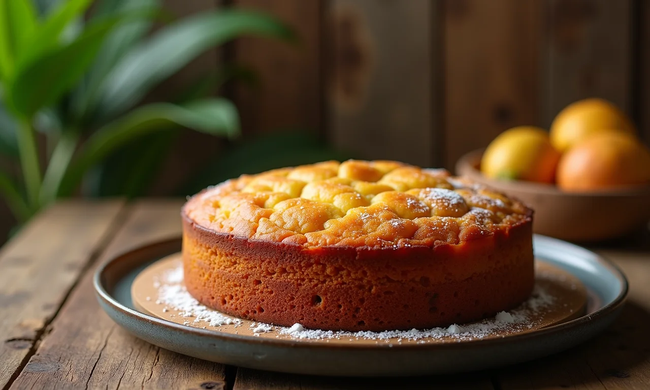 Bolo de macaúba recém-assado sobre uma mesa rústica com decoração brasileira.