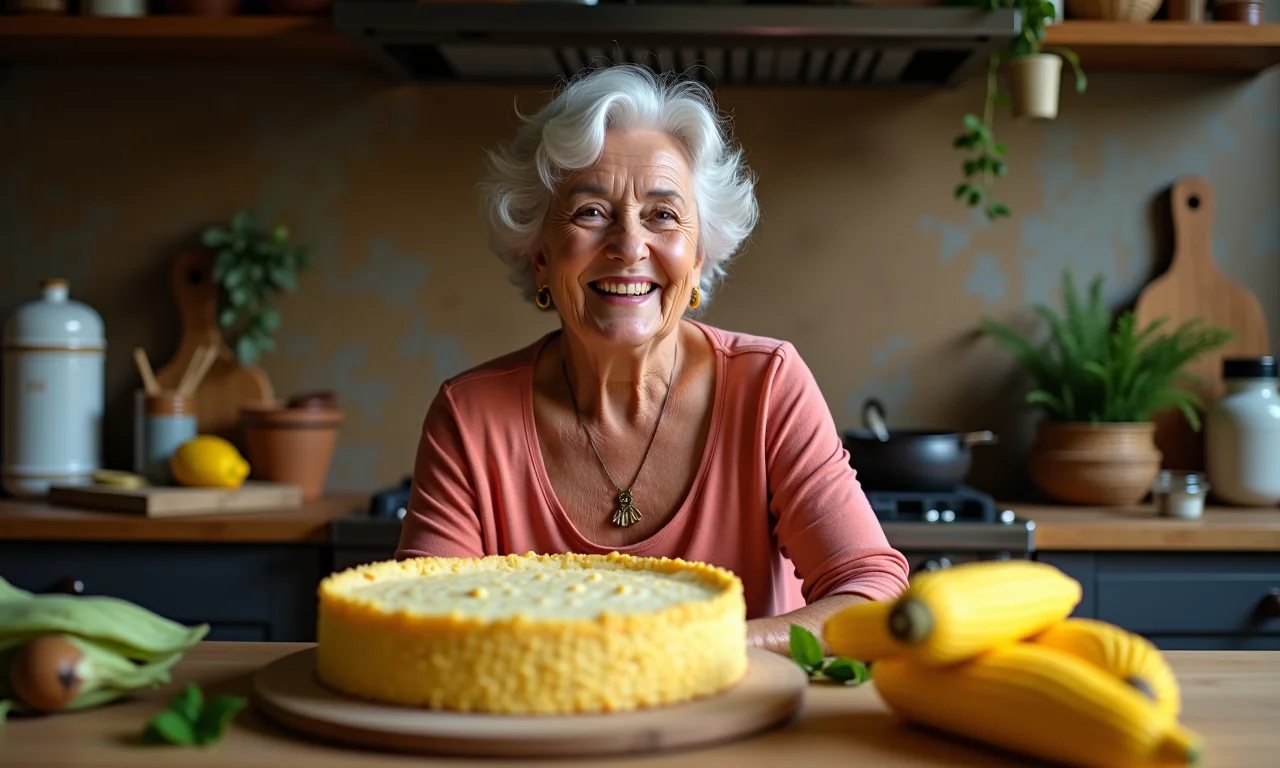 Bolo de milho cremoso, receita de vó, em ambiente aconchegante.