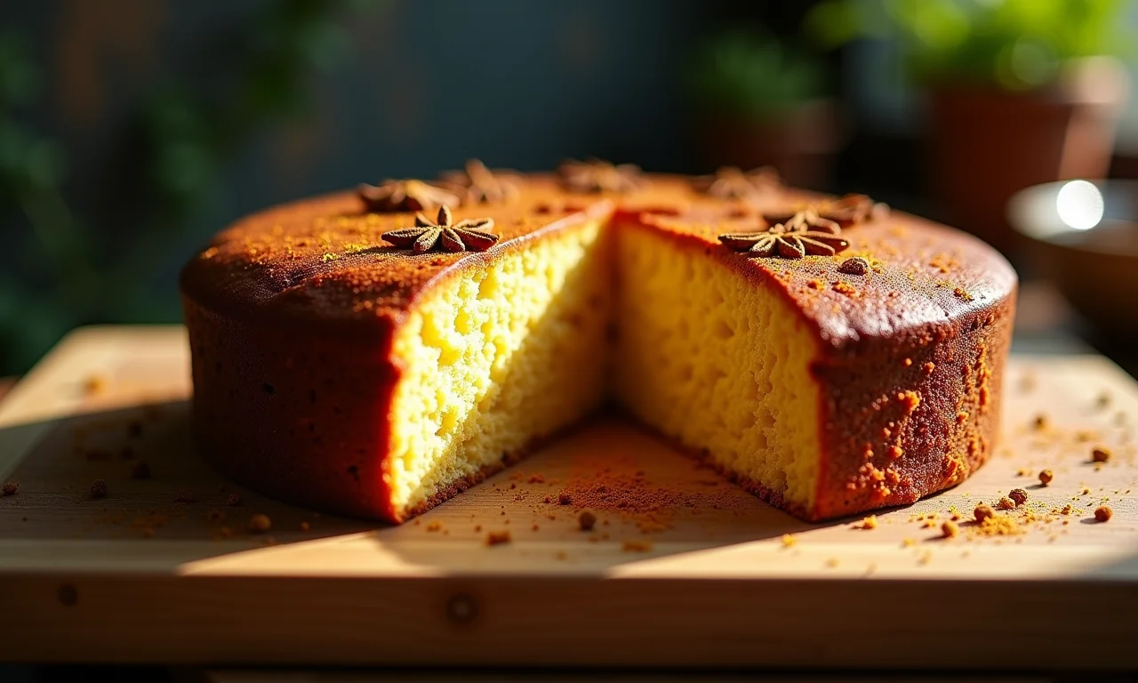 Bolo de pinhão com especiarias sobre tábua de madeira.