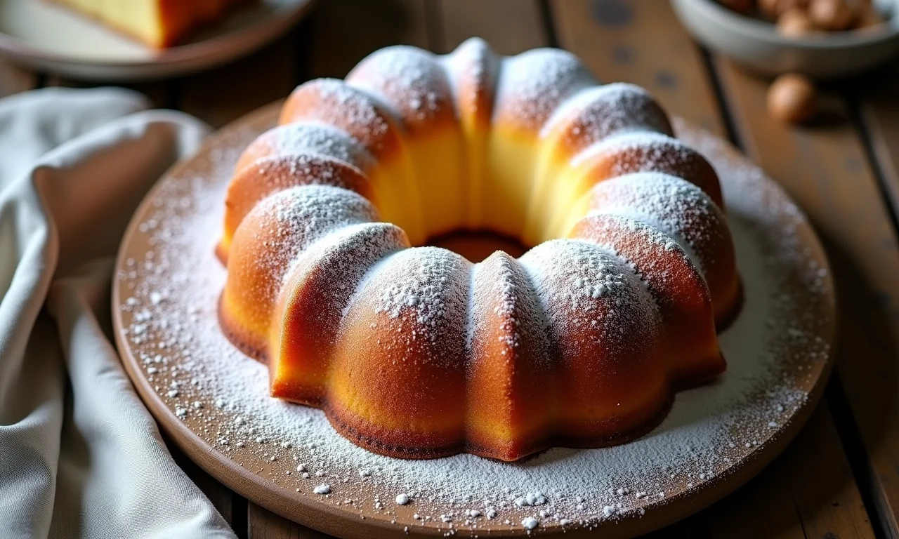 Bolo visitandine recém-assado, com farinha de amêndoas e claras em neve.